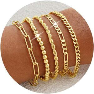 Gold Bracelets for Women, Dainty 14K Gold Plated Stackable Link, Trendy